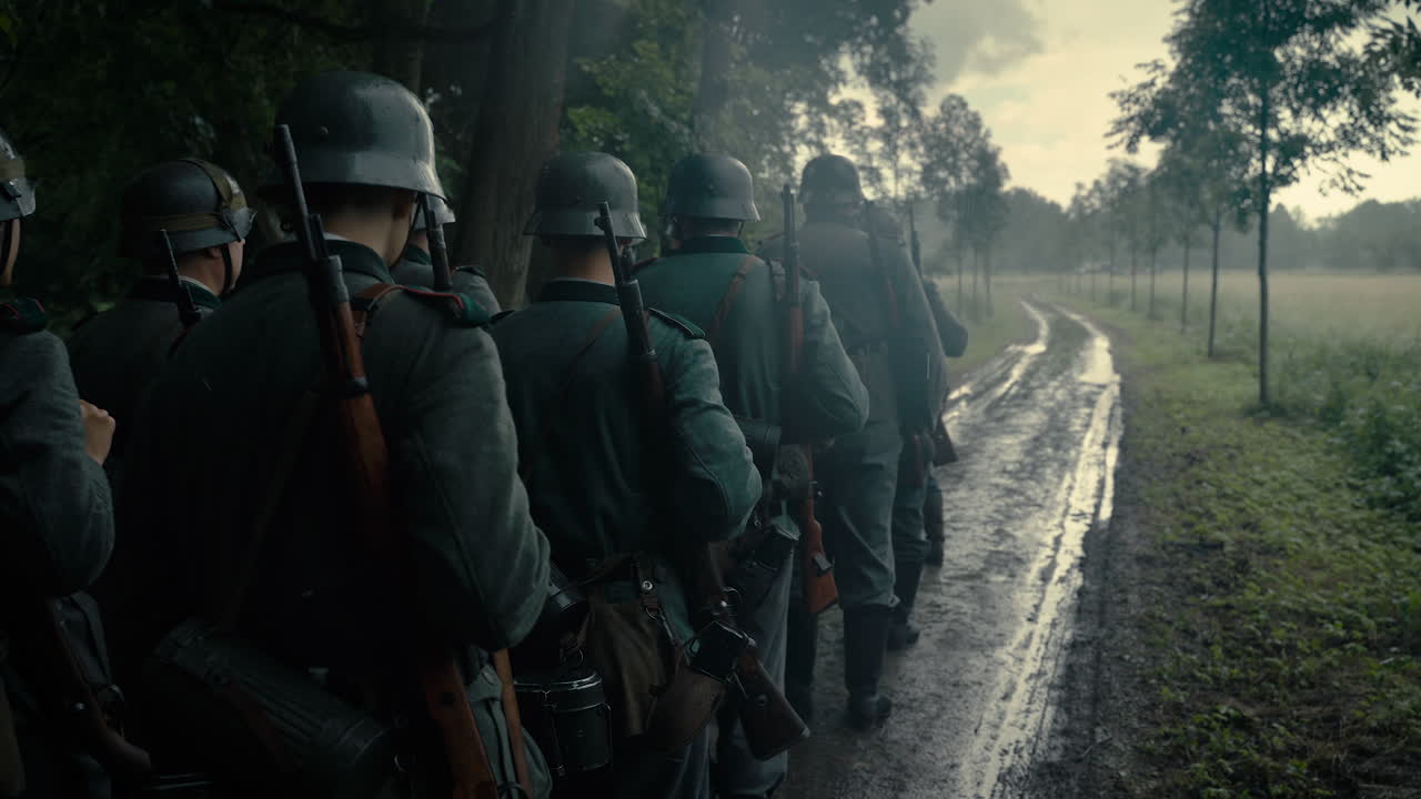 German Soldiers Marching on a Muddy Road