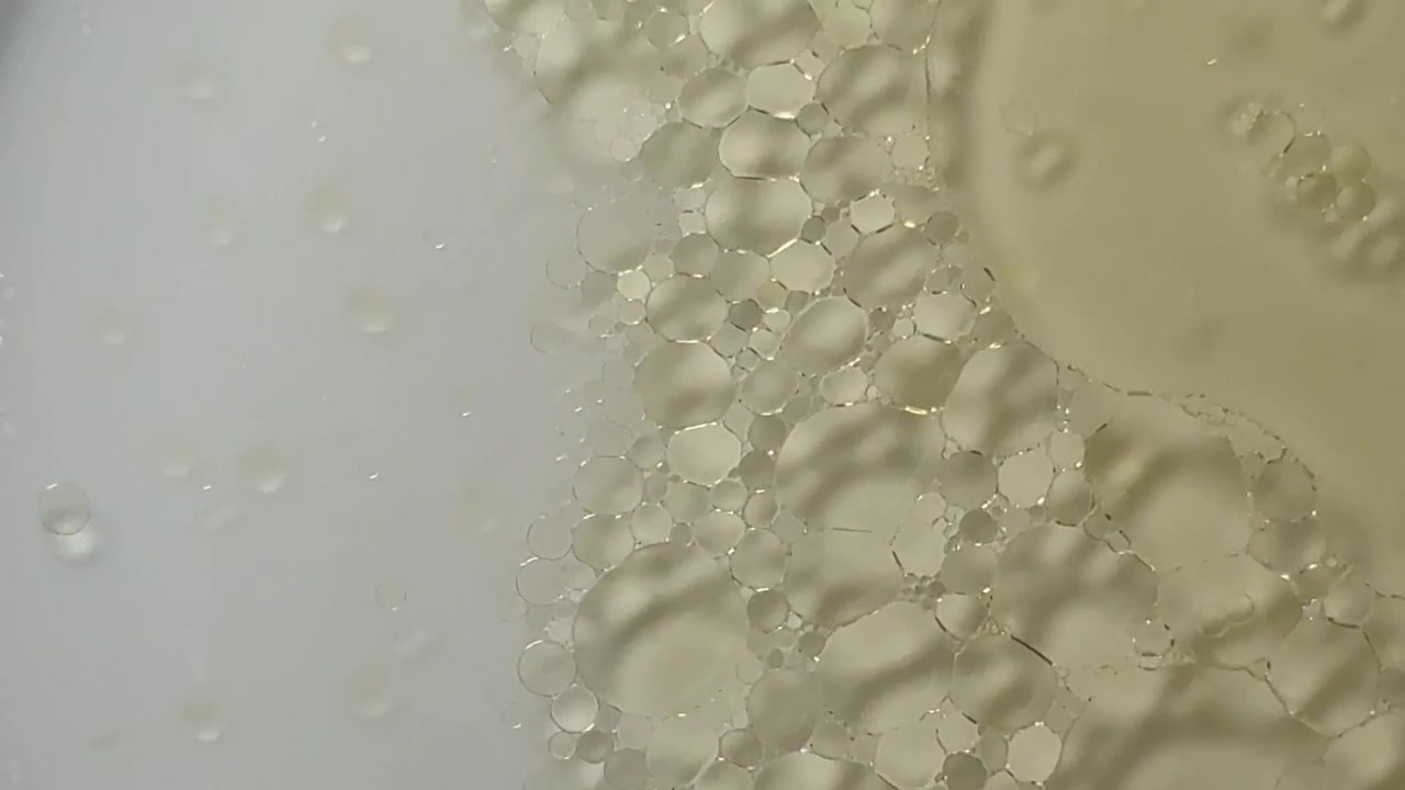 Primo piano macro astratto di bolle d'olio trasparenti nel liquido