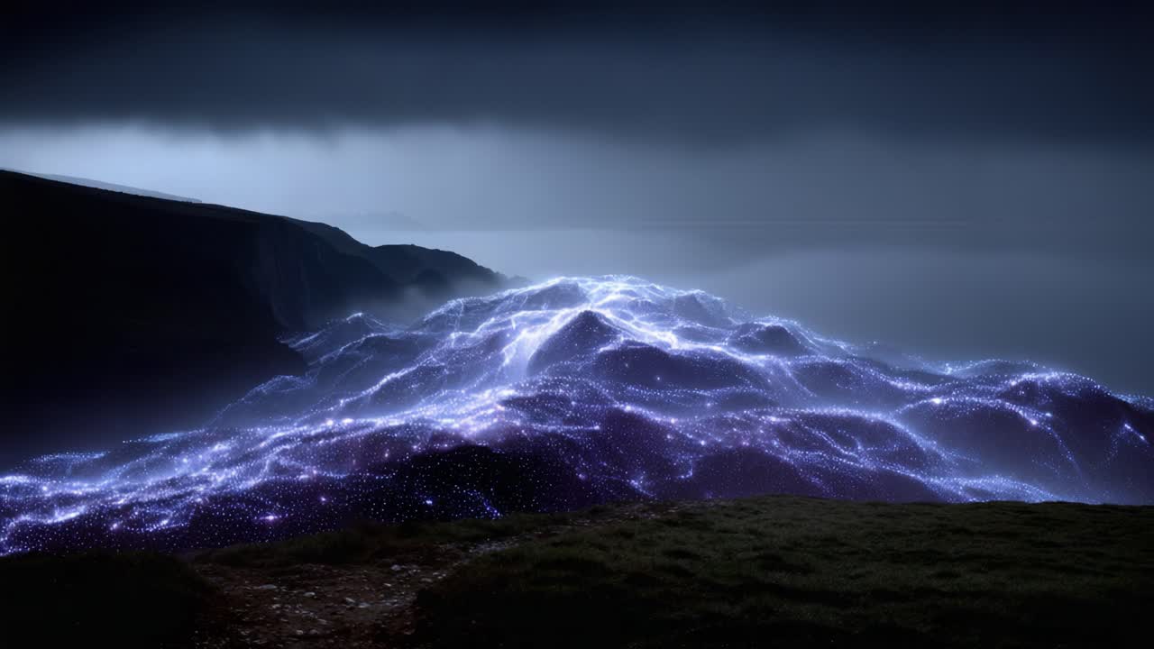 A Stunning Visual of Electric Waves: A Mesmerizing Display of Theoretical Light Patterns Illuminating the Dark Coastal Landscape Under a Mysterious Sky