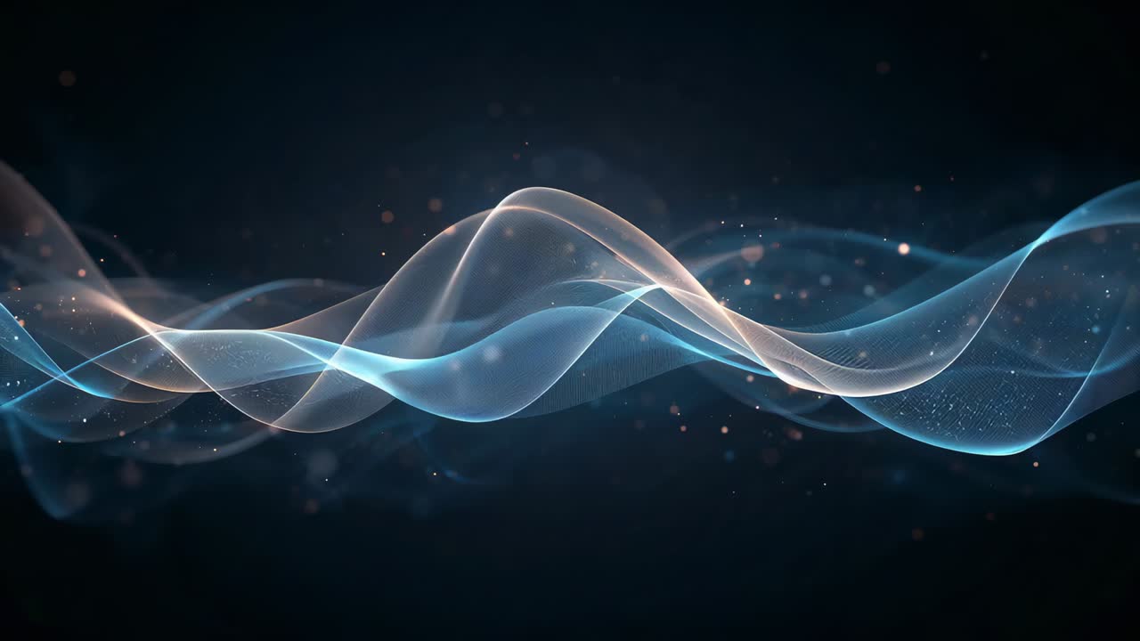 Animation starting with blue and peach ribbon waves weaving across dark gradient, particles glowing