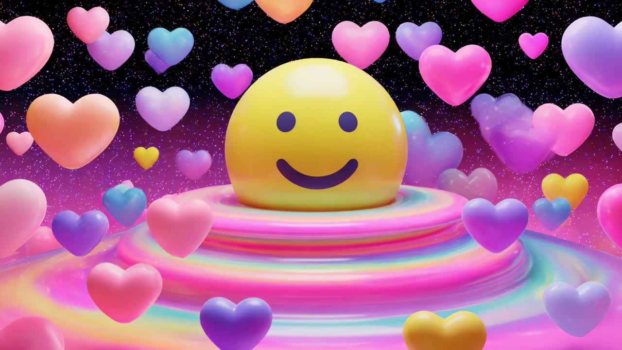 A whimsical and vibrant scene featuring a cheerful yellow smiley face surrounded by colorful hearts of different sizes, all set against a cosmic, starry background that radiates positivity and joy