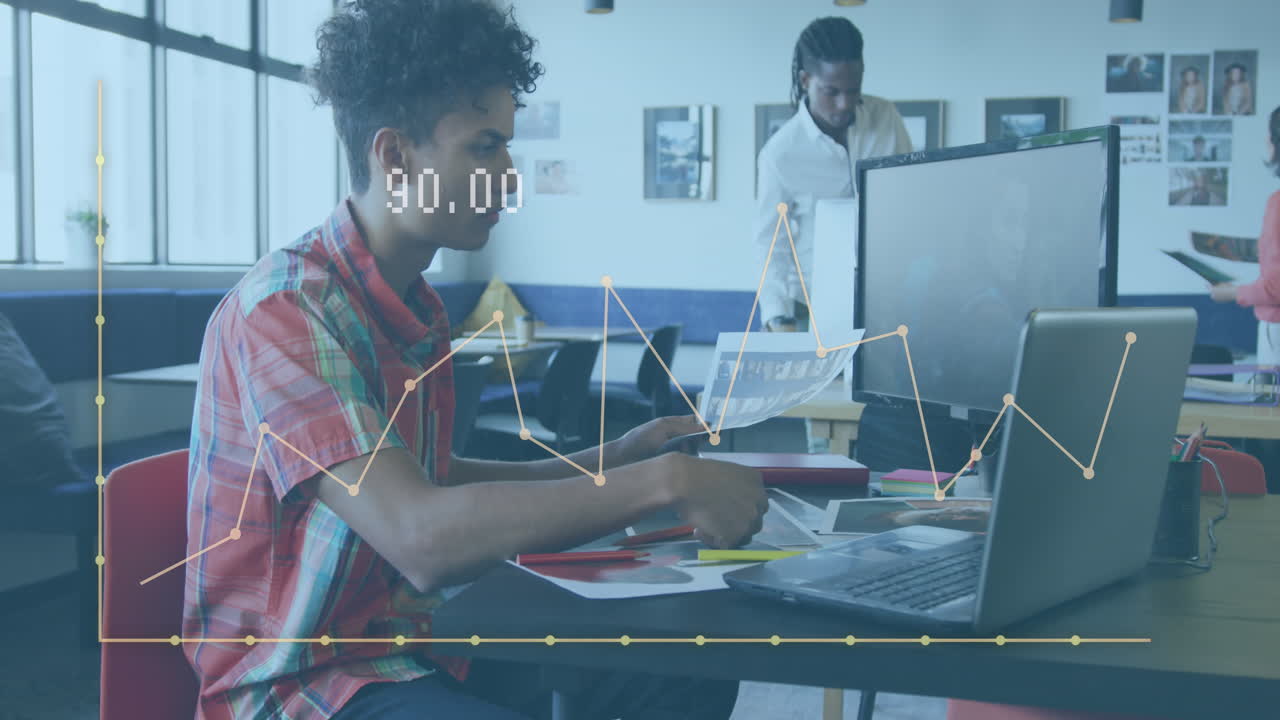 Animation of financial data processing over diverse business people in office