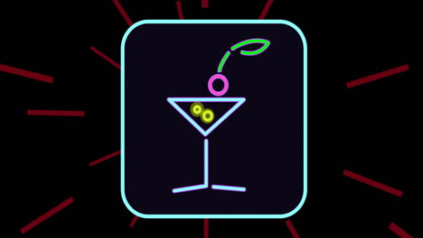 animación del icono de neón de cóctel en el marco sobre fondo negro