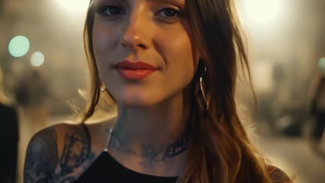 close up of a beautiful young woman smiling, showcasing her long brown hair and vibrant red lipstick. her cheerful expression radiates happiness and confidence