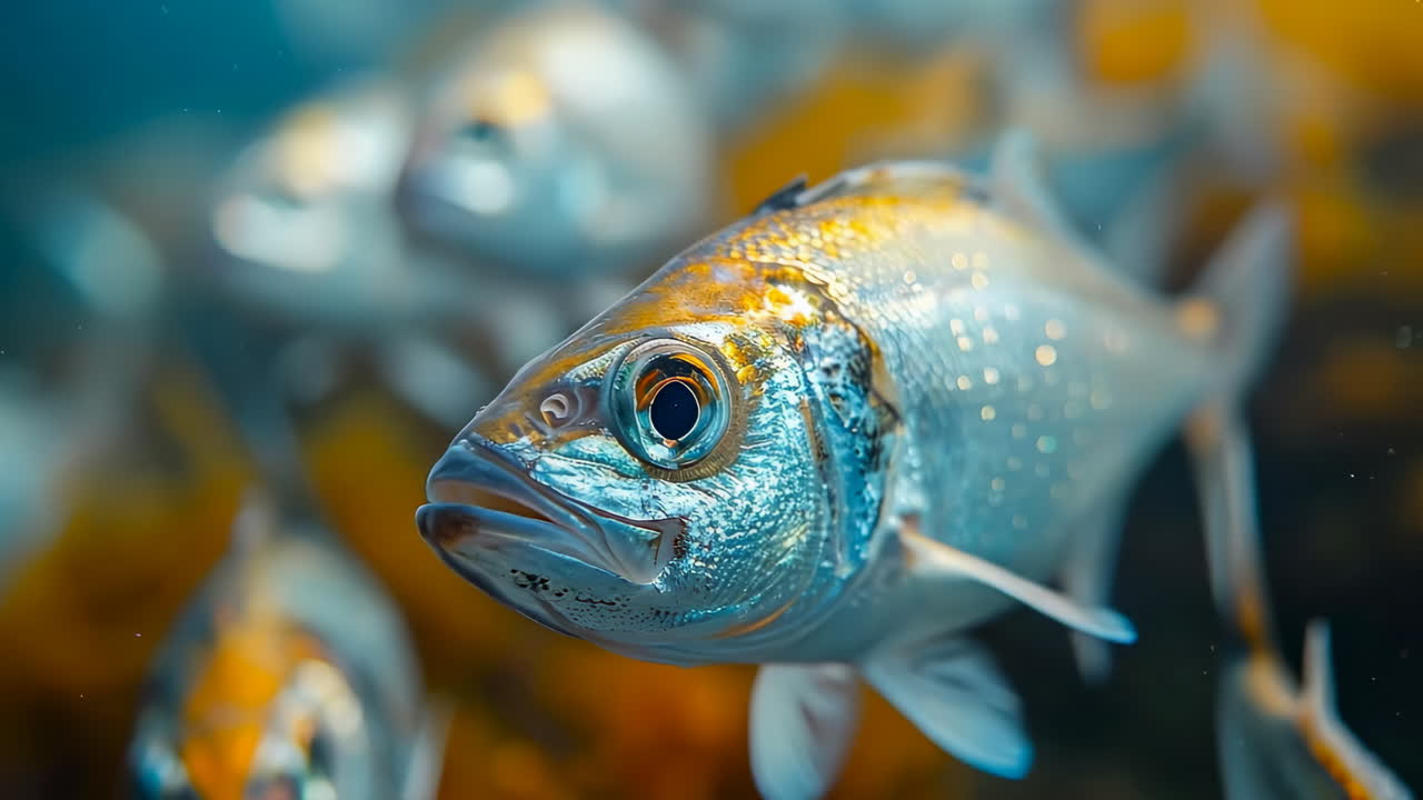 Fish swim in clear aquarium. Several fish move gracefully through clear water in an aquarium, showcasing their steady motion and vibrant colors