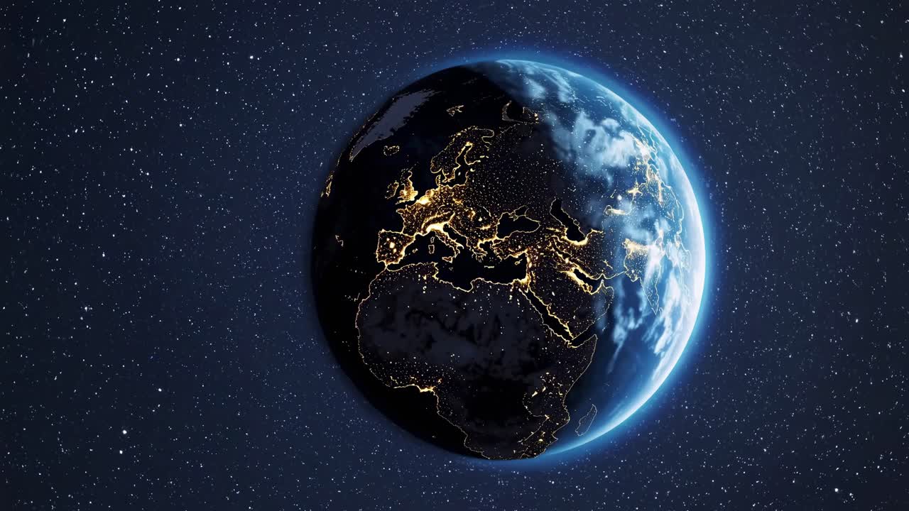 Aerial video of Earth from space, showcasing a half-lit globe against a starry backdrop