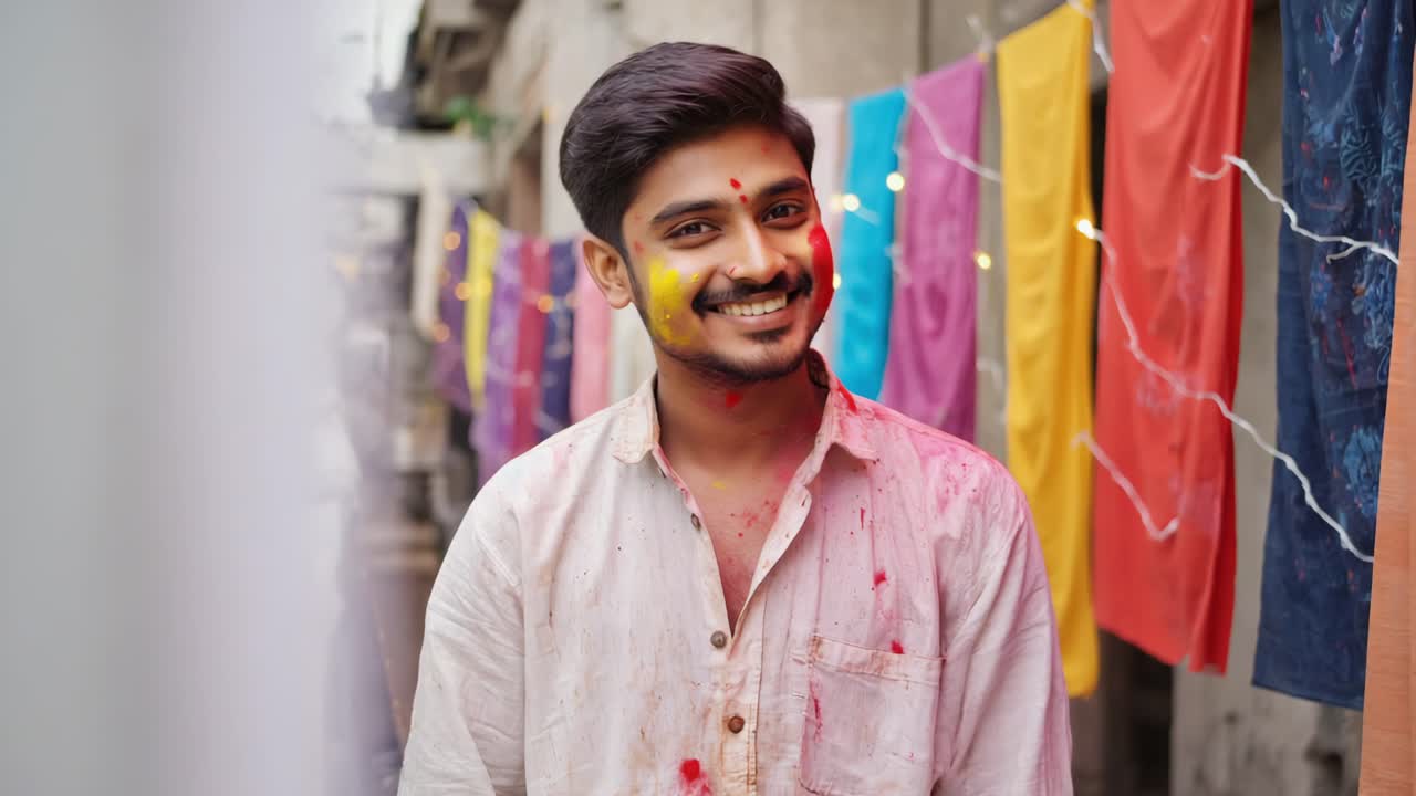 Young man celebrating holi festival, smiling and looking away, with colorful powder on his face and clothes, standing in front of colorful fabrics hanging in the background