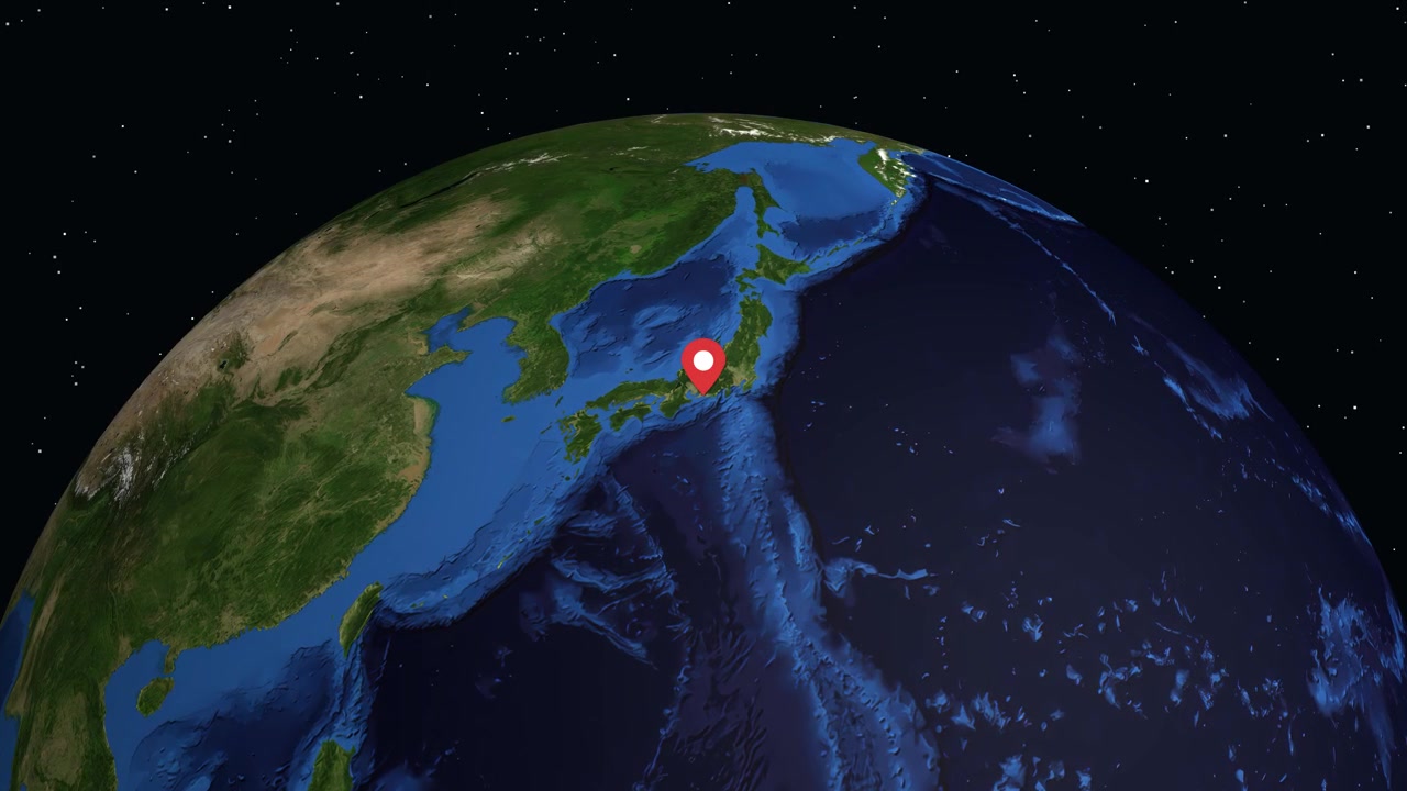 Digital globe rotates and zooms from space to a specific location marker in Hamamatsu Japan