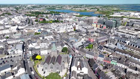 aerial birds eye over galway city old town with buildings and streets. ireland