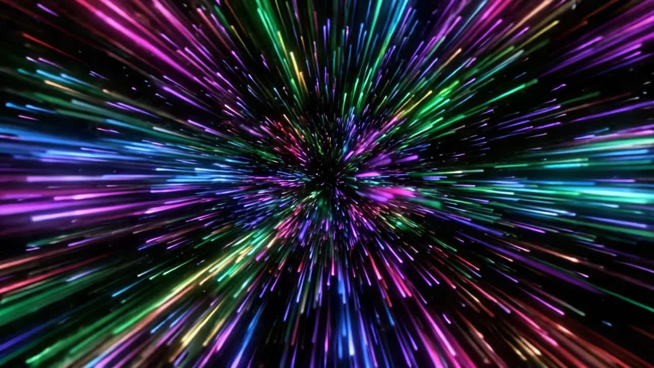 Un'Esplosione Affascinante di Particelle di Luce Colorate si Irradia verso l'Esterno, Creando uno Spettacolo Vibrante che Ricorda Fenomeni Cosmici, Viaggi Spaziali o Espressioni Artistiche Astratte.