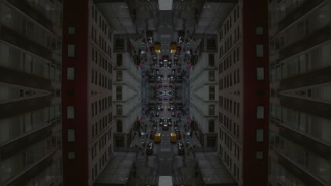 Fly-above-street-surrounded-by-tall-buildings.-Revealing-traffic-on-road-in-metropolis.-Abstract-computer-effect-digital-composed-footage.