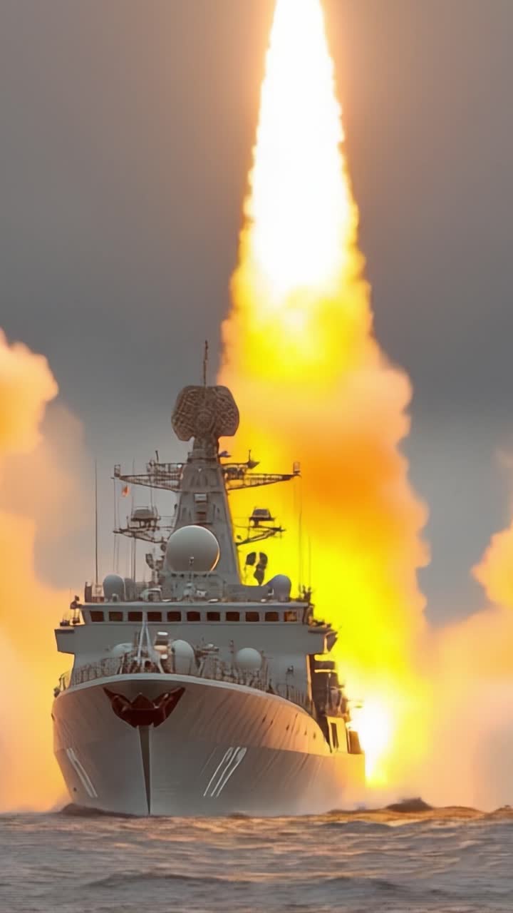 Una potente nave da guerra che lancia un missile, mostrando potenza militare e precisione in un paesaggio marino drammatico, con fiamme esplosive e fumo che circondano l'imbarcazione.
