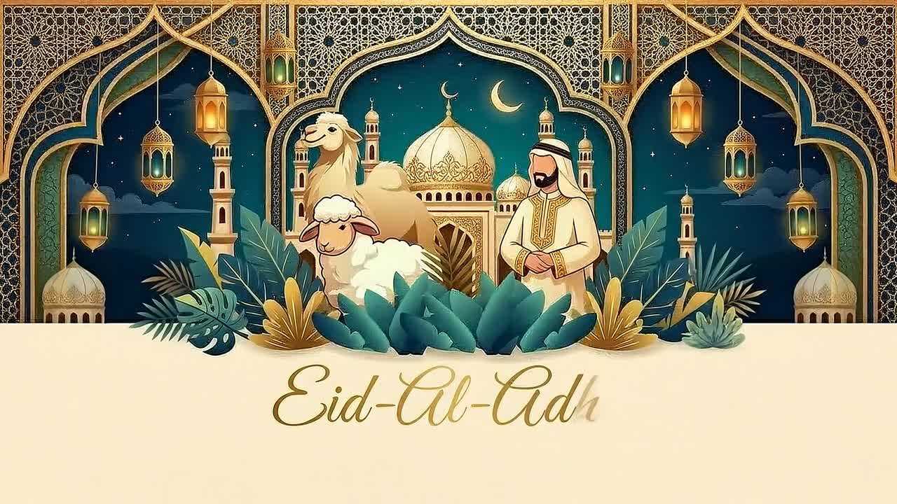 Animazione di un banner di auguri per Eid al-Adha, con illustrazione di cupole di moschea, lanterne, cammello, pecore e luna crescente, su uno sfondo decorativo.