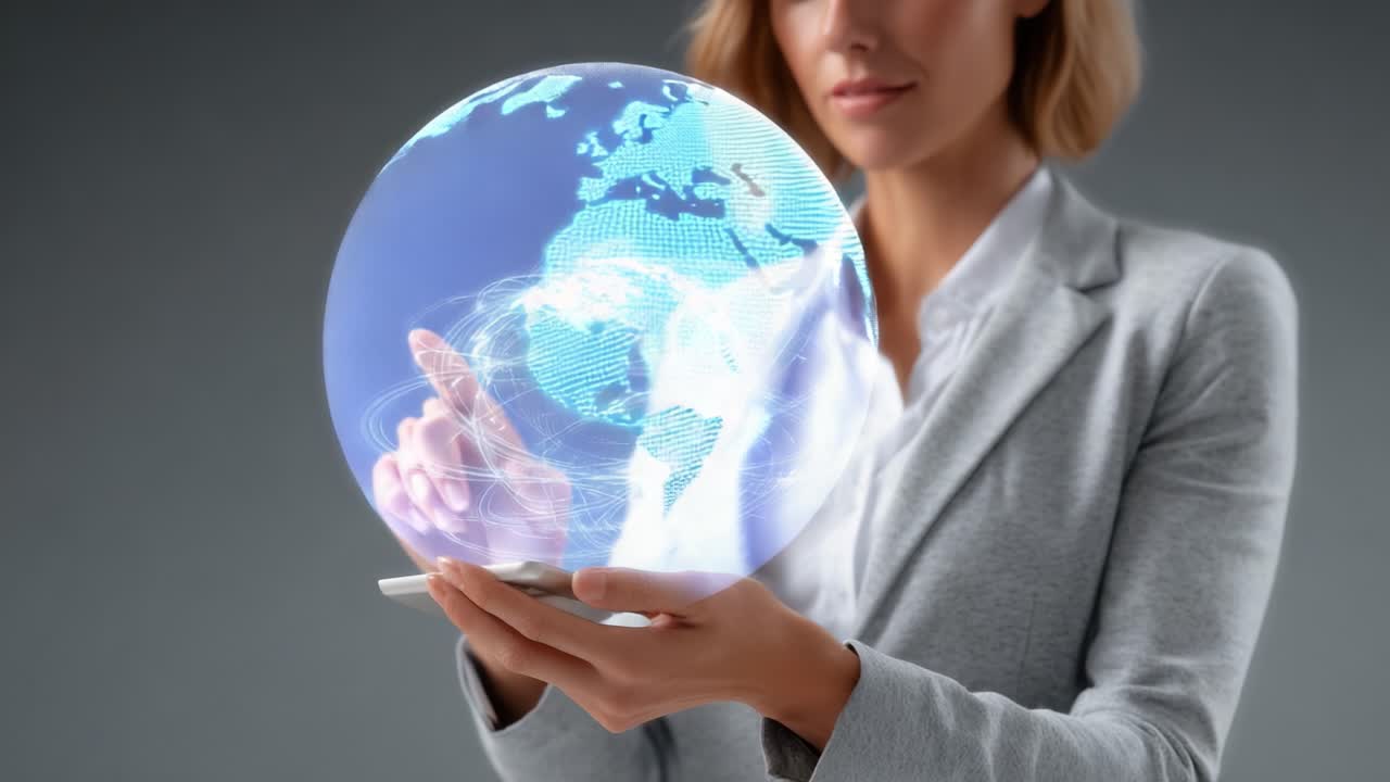 A Professional Woman Manipulating a Digital Globe Hologram, Showcasing Innovative Technology and Global Connectivity in a Modern Business Environment