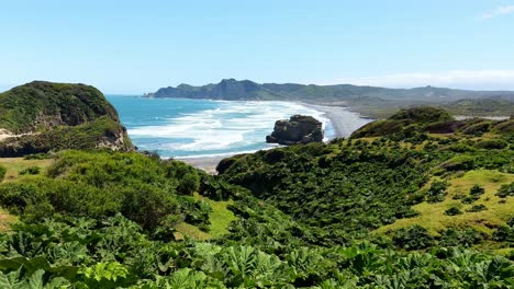 Vista-Panorámica-De-La-Playa-De-Cucao-En-El-Parque-Tepuheico-Con-Un-Bosque-De-Nalcas,-Chiloé,-Chile.