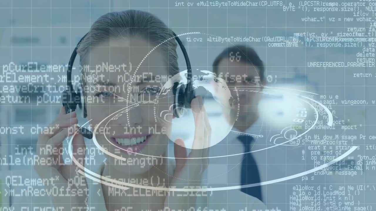 Animazione di elaborazione dati e globo su un gruppo eterogeneo di professionisti che usano auricolari telefonici