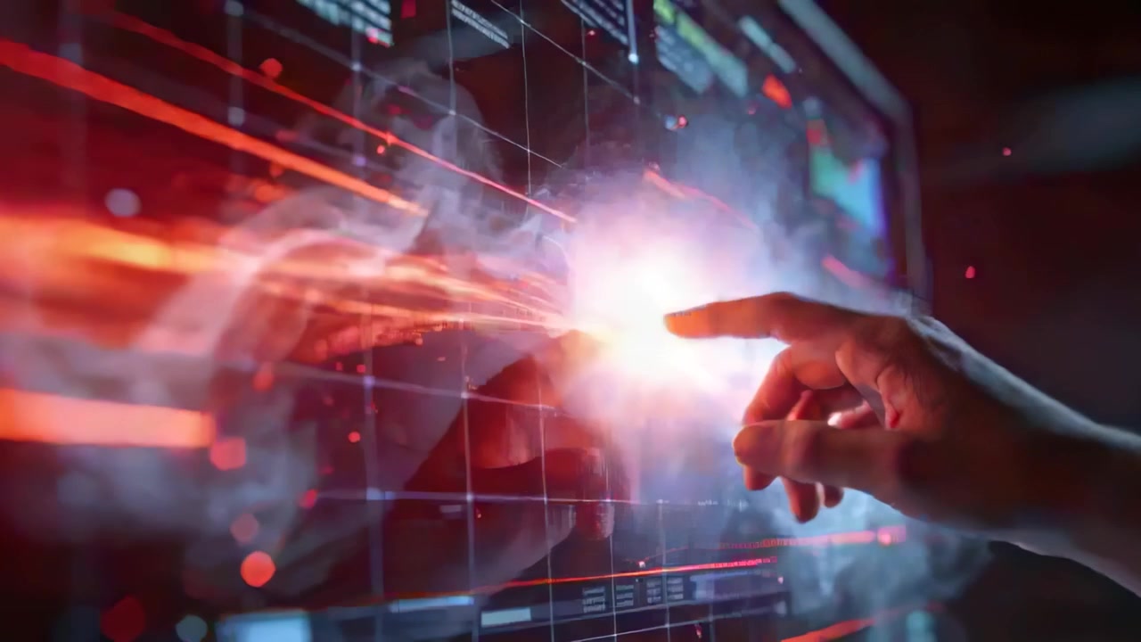 Entering from right reaching dark sleeved hand touching lab HUD activating red energy, copy space