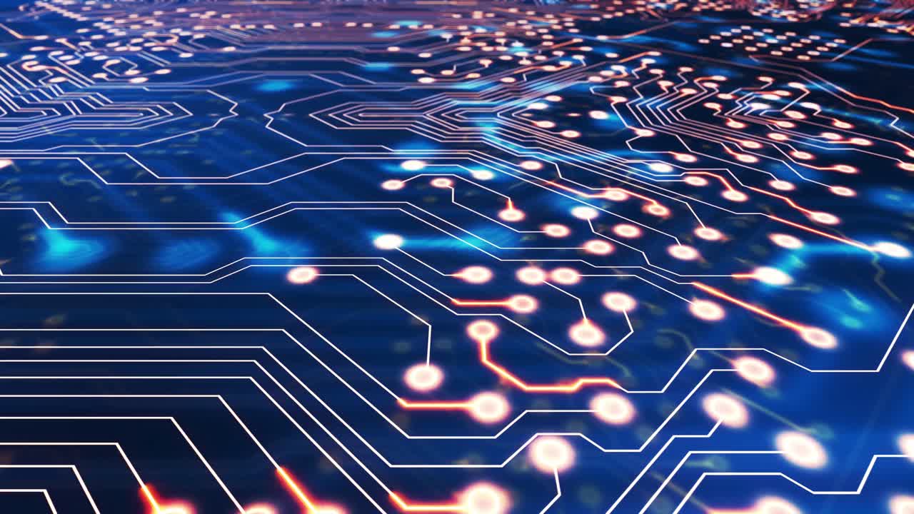 컴퓨터 회로판 위에서 움직이는 빛의 흔적의 애니메이션