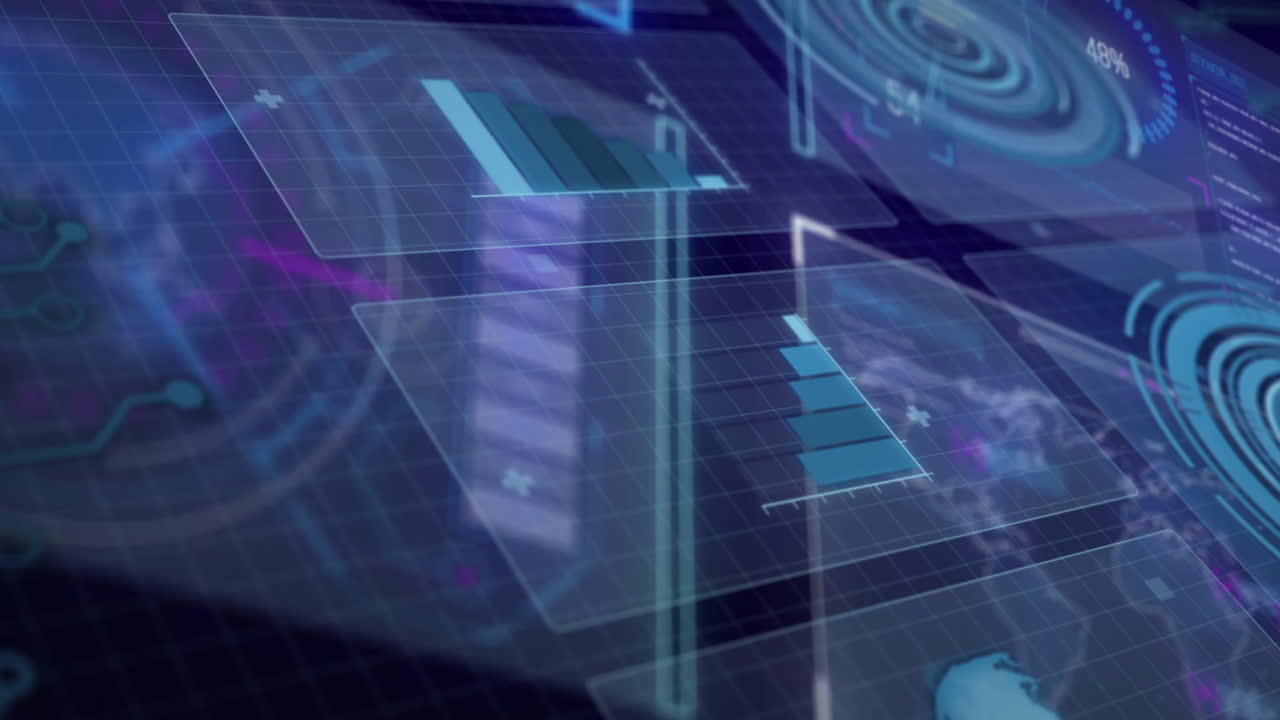 Floating digital graphs and charts over futuristic animation technology interface