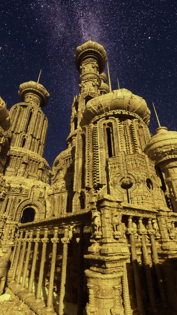 Enormous ancient cityscape under a starry night sky with intricate architecture