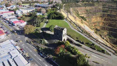 cornish pumphouse, relic of the richest new zealand gold mine and martha open pit aerial orbit