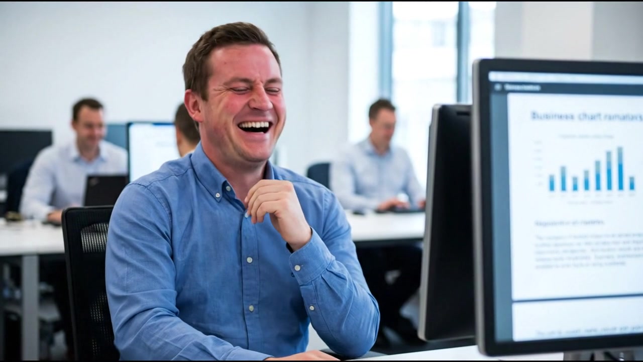 Businessman Laughing While Working at His Desk in an Office