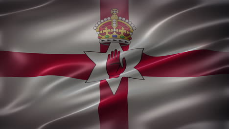 antigua bandera de irlanda del norte, mano roja de la bandera de ulster con corona de tudor, vista frontal de la bandera, elegante textura sedosa, ondeando en el viento, animación realista de 4k cg, capaz de bucle sin costuras