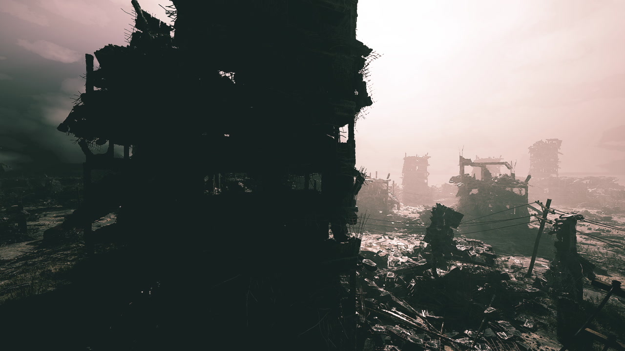 Concealed aged structures partially hidden by atmospheric haze and overgrowth