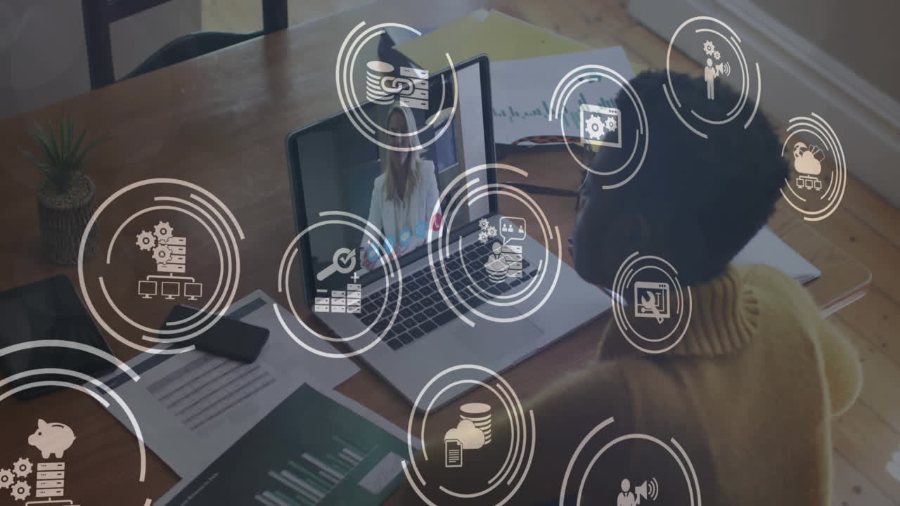 animación de la red de conexiones con iconos sobre la mujer usando computadora portátil