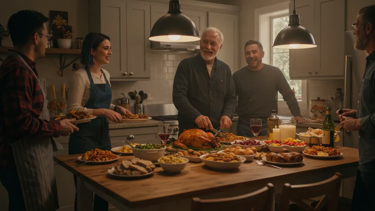 Family gathers in a kitchen for a holiday meal, carving a roasted turkey at the dinner table