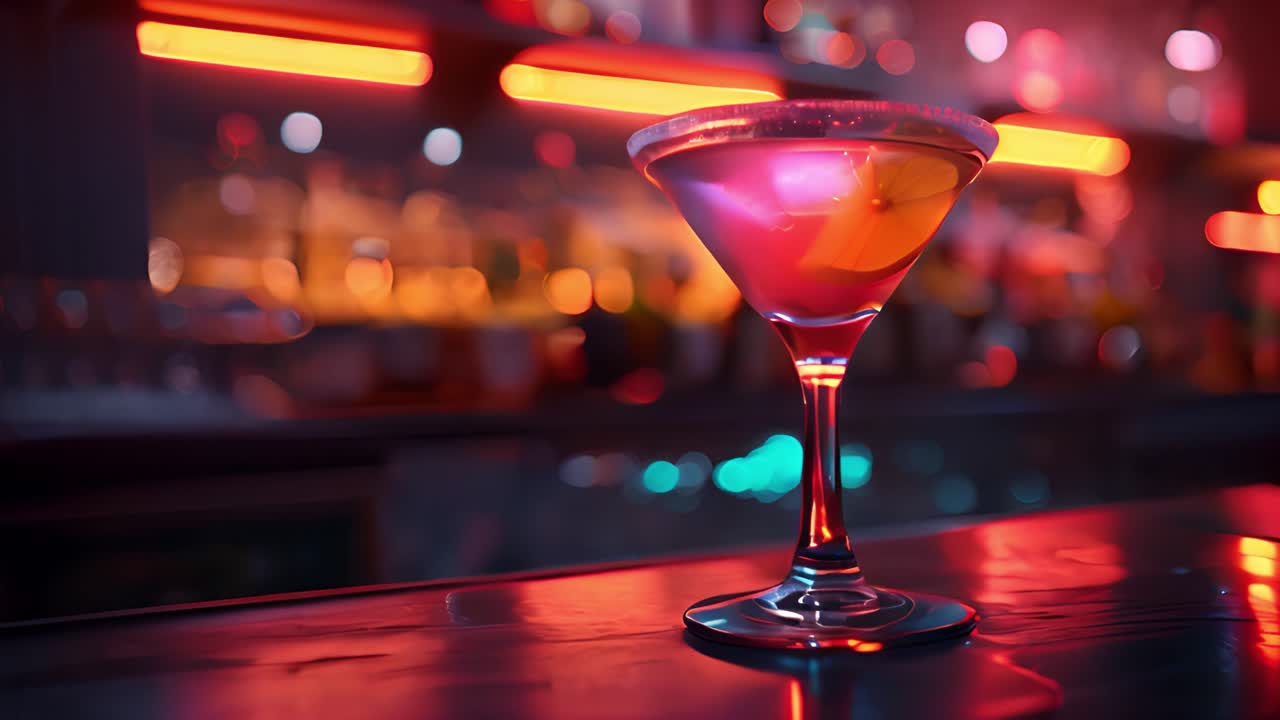 Vibrant Cocktail on Bar Counter with Neon Lights