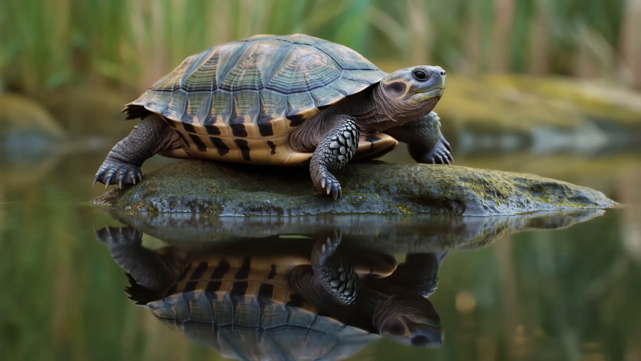 Pond Turtle On Mossy Rock Reflected, Slowmoving Chelonian Basks At Water Edge Amid Reeds And Calm Ripples,