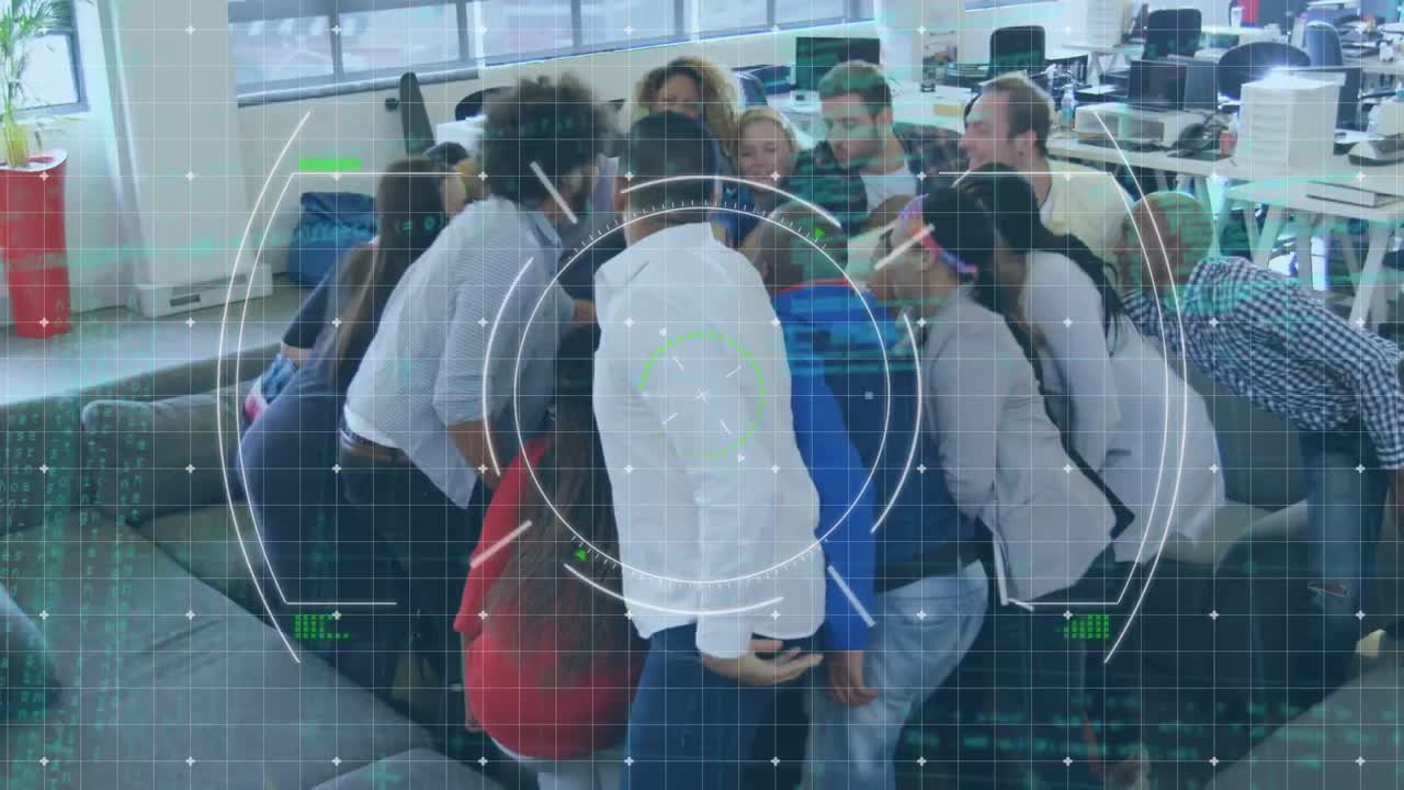 Animation of scope scanning and data processing over diverse business people at office