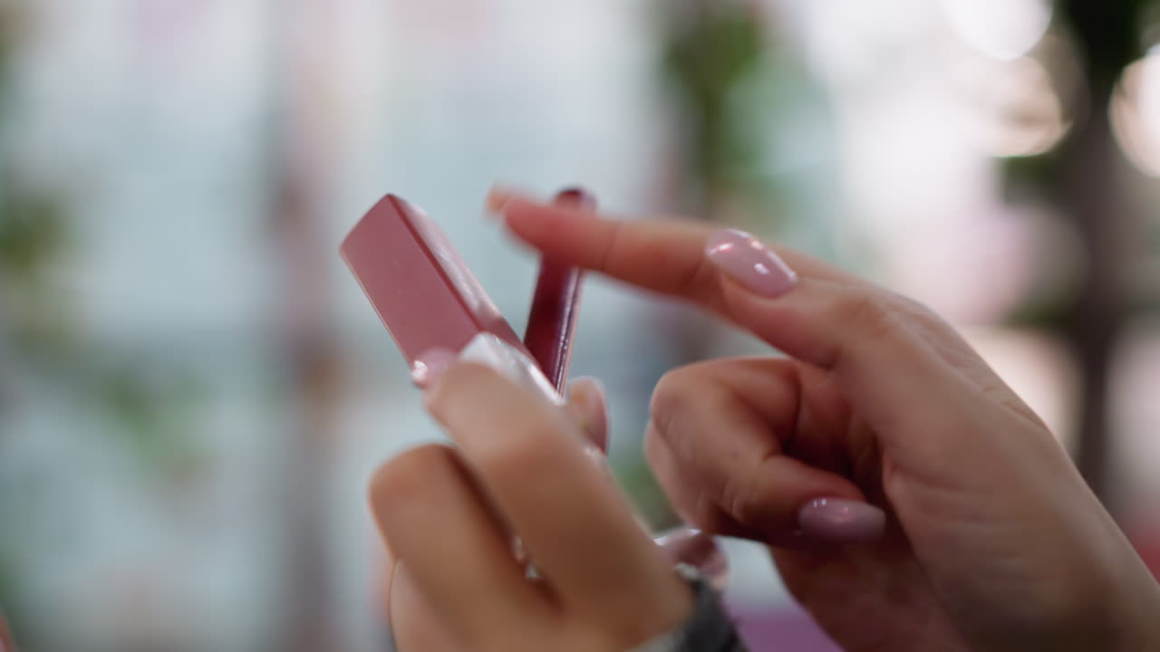 vista parcial de una mujer sosteniendo tres productos de maquillaje diferentes mientras decide cuál usar, los elementos esenciales de belleza, incluidos el lápiz labial y el brillo, se destacan con un fondo borroso