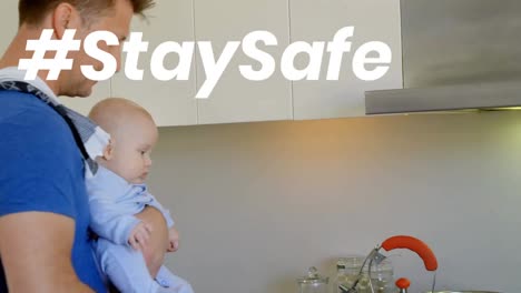 Animation-of-stay-safe-text-over-father-and-child-at-home