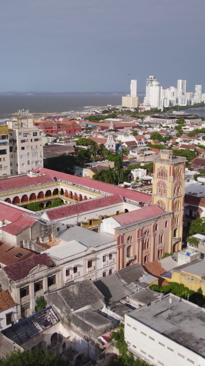 Aerial view of the University of Cartagena, showcasing its stunning colonial architecture, in the heart of Cartagena, Colombia. Vertical Video