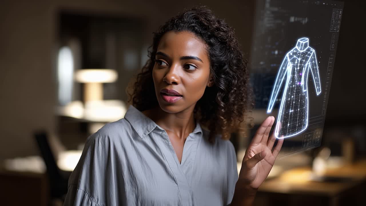 Woman studies glowing virtual garment in dark room. Her focus shows deep concentration. Soft lighting highlights her calm expression. Ideal for futuristic design or tech interface concepts