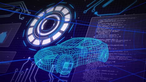 animation of 3d car technical drawing, scope scanning and data processing on screens