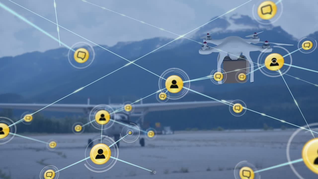 드론과 비행기를 통해 아이콘으로 연결된 네트워크의 애니메이션