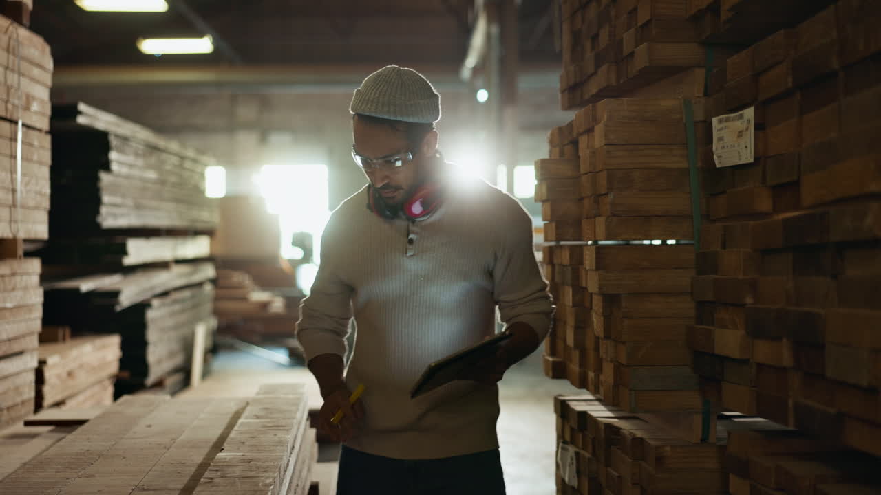Man inspecting wood in warehouse