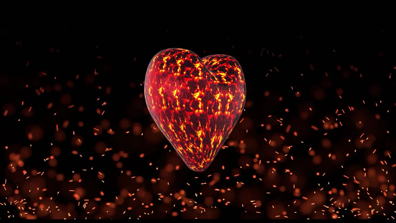 Coração 3D ardente e brilhante girando em loop com faíscas incandescentes voando em fundo preto