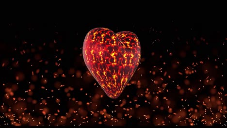 3d burning glowing heart rotating in loop with incandescent sparkles flying on black background