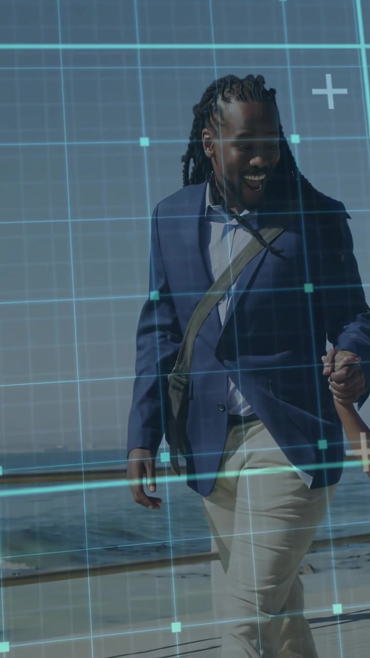 Vertical video: Man walking sea holding child's hand smiling as child tugging with shifting AR grid