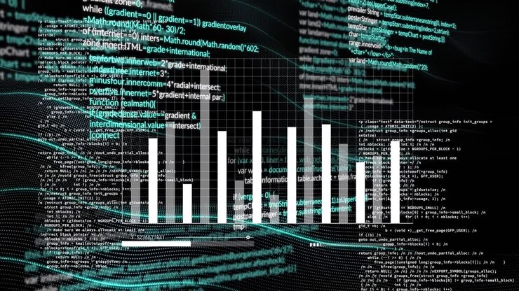 Animation of data processing and statistics over dark background