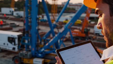 construction site with cranes and machinery. worker in hard hat uses tablet. industrial setting