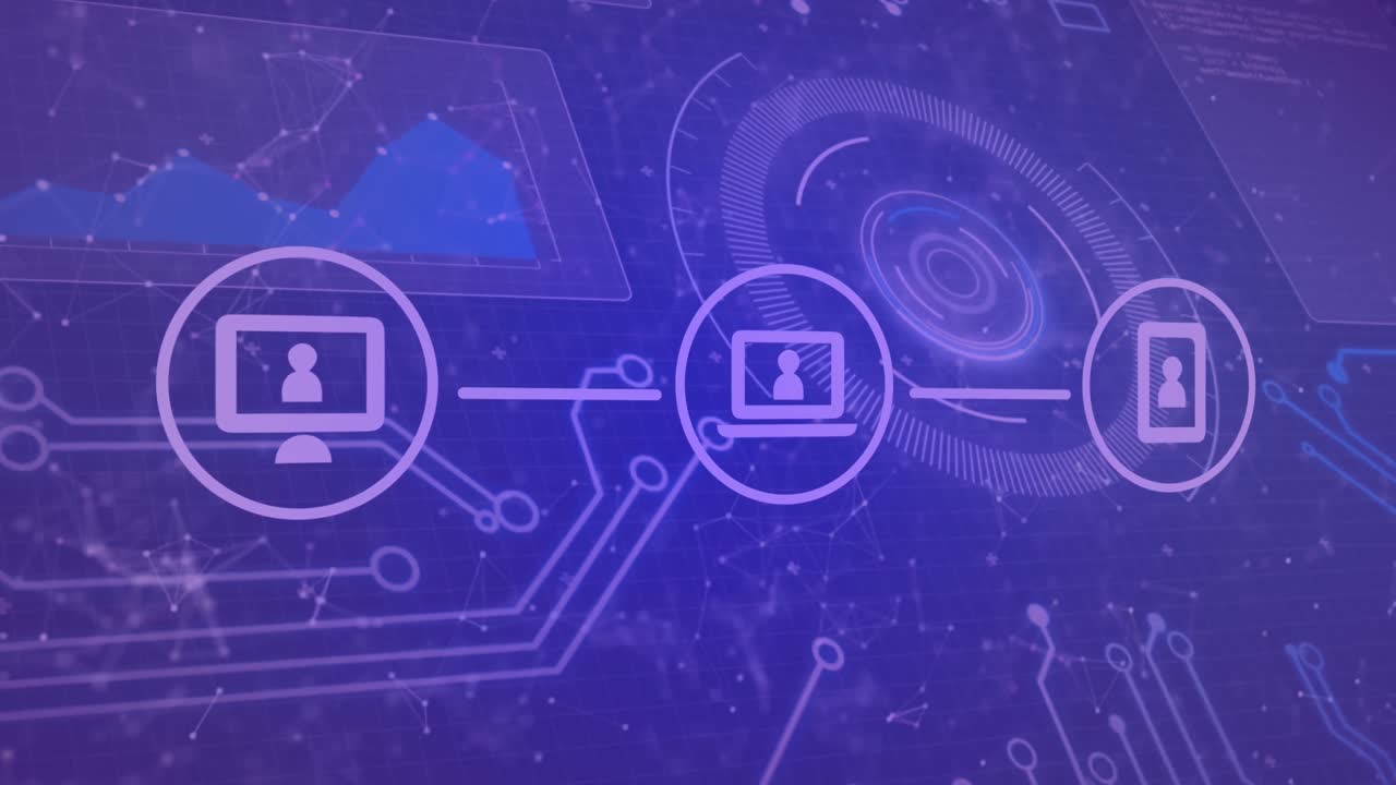 animación de la red de conexiones e iconos digitales contra la interfaz con el procesamiento de datos