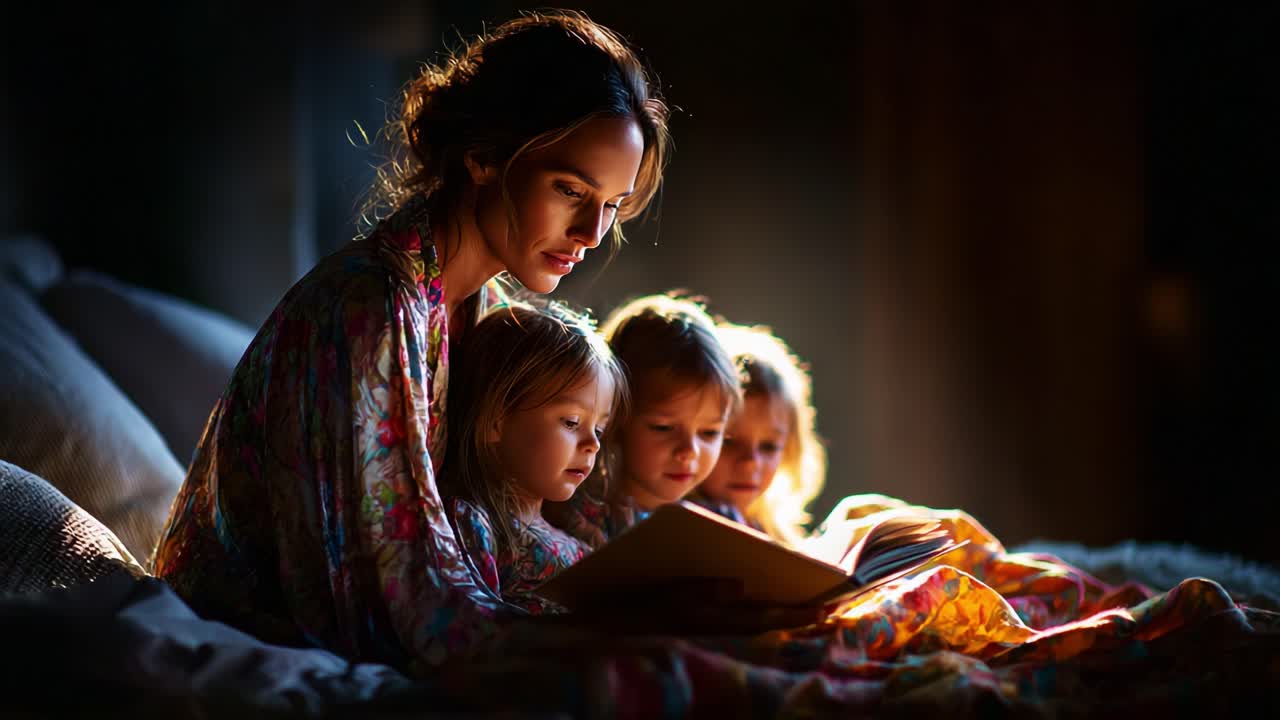 A Heartwarming Moment of Connection: A Mother Shares a Story with Her Daughters, Illuminated by Soft Light in a Cozy Setting, Creating Lasting Memories Through Literature