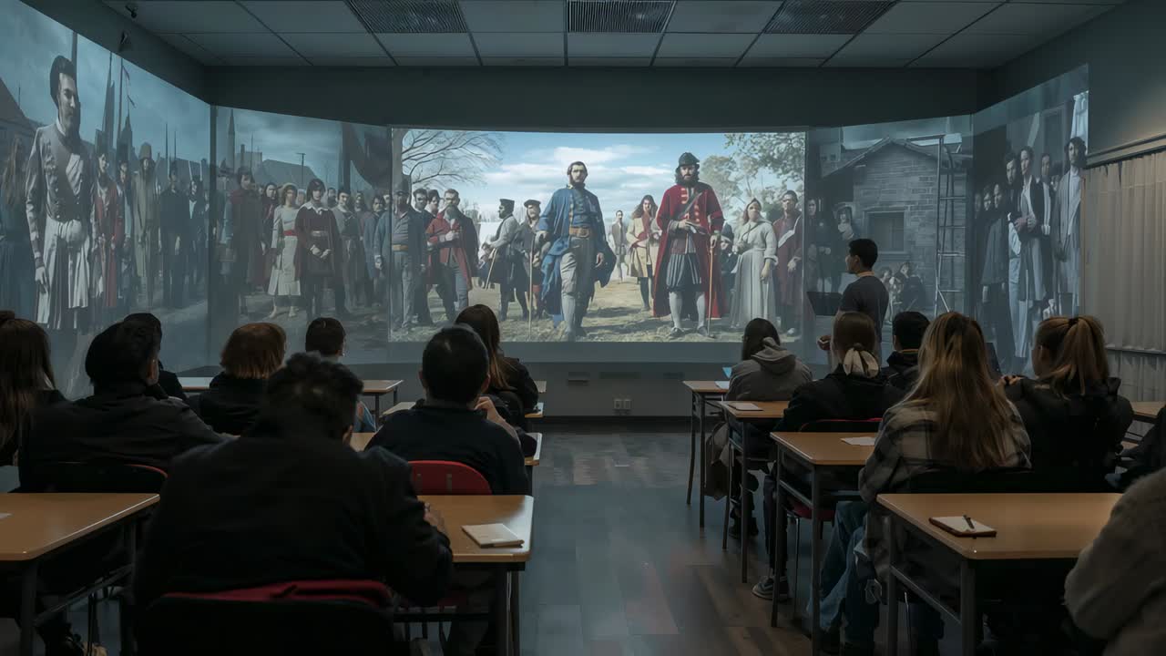 Projector starting, students in jackets with teacher in gray watching history on screen in class
