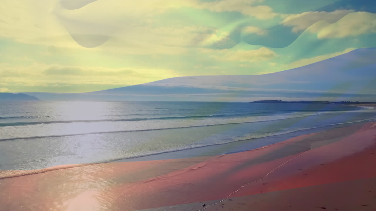 러시아 국기가 바다 풍경 위에서 날아다니는 애니메이션