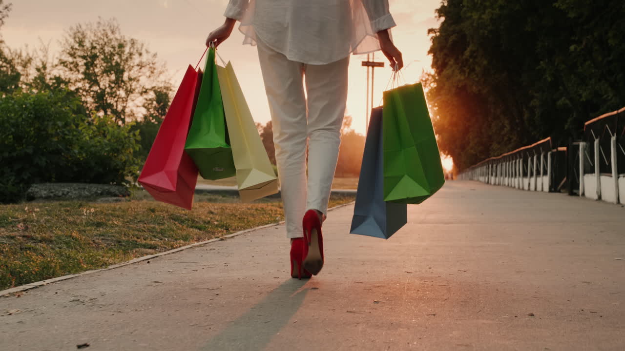 una mujer con zapatos rojos lleva bolsas de compras